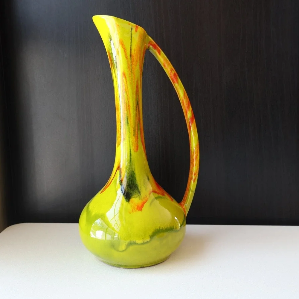 Vintage Mid Century Yellow Orange Drip Glaze Ceramic Ewer Pitcher Vase 9